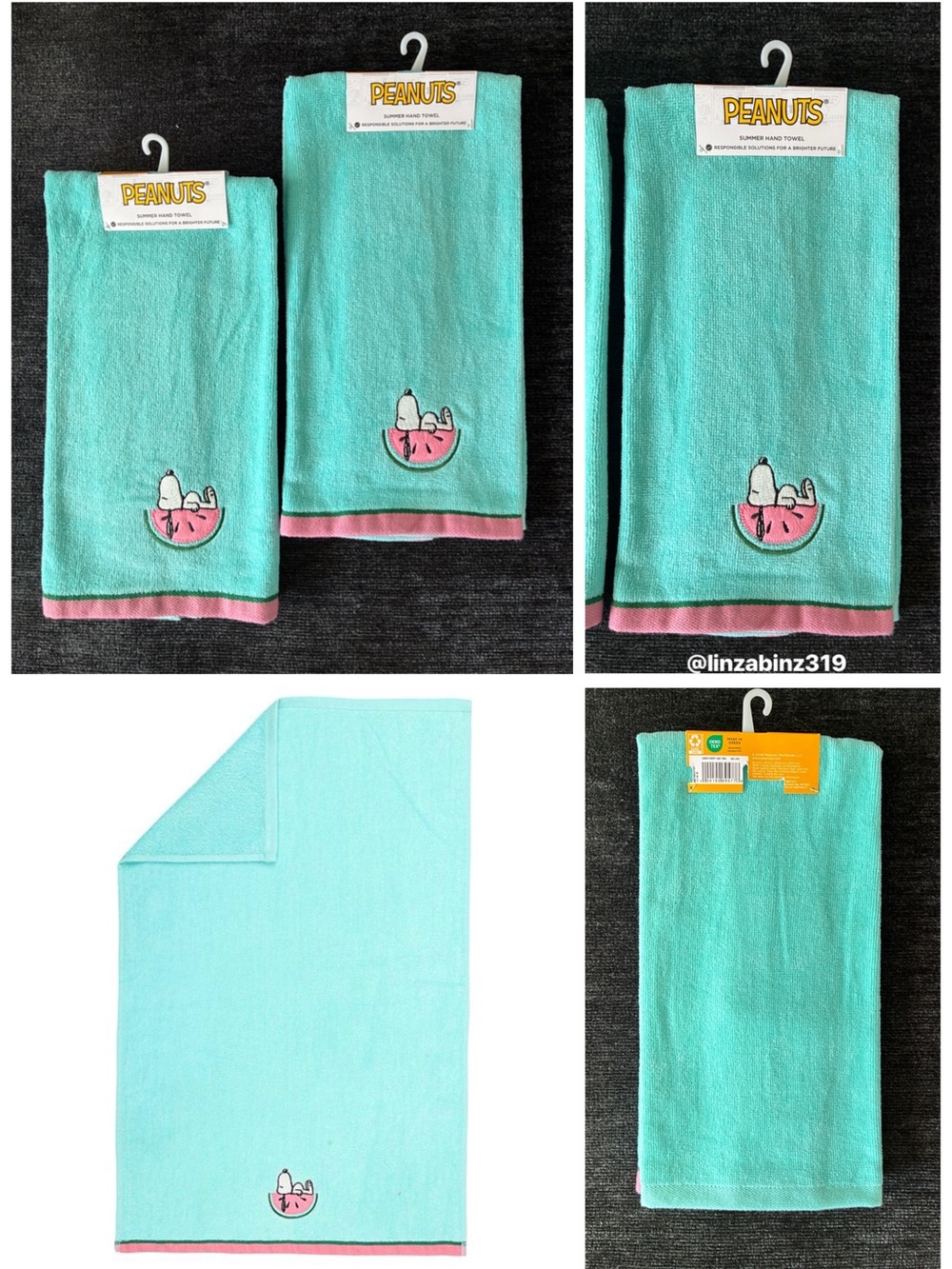 NWT- Peanuts- Snoopy Summer- Watermelon Embroidered Cotton Kitchen Towels 25x16